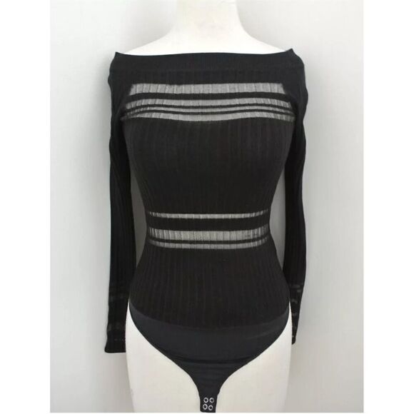 INTERMIX Women's Black Sheer Knit Bodysuit Size L Off-Shoulder Top - Picture 1 of 7